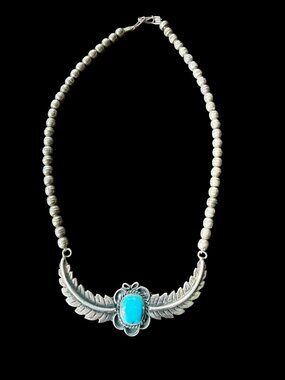 Vintage Navajo Turquoise Sterling Silver Feather Bench Bead Necklace 17"